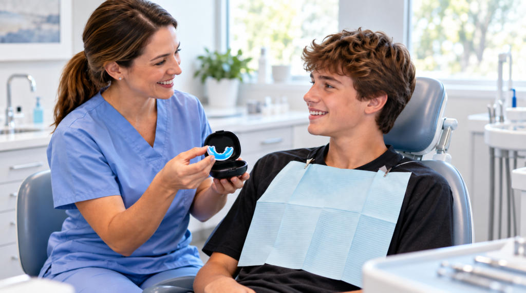 Dentist fitting a sports guard for an athlete.