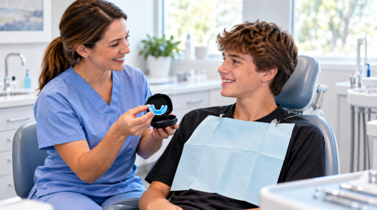 Dentist fitting a sports guard for an athlete.